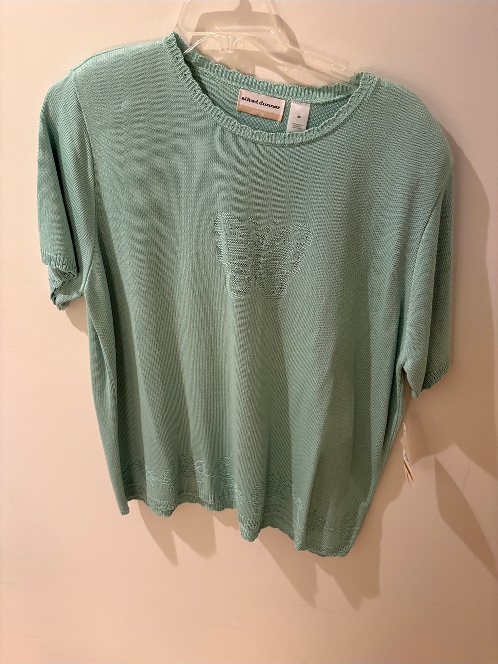 Alfred Dunner Seafoam Crewneck Knit Top with Butterfly Detail